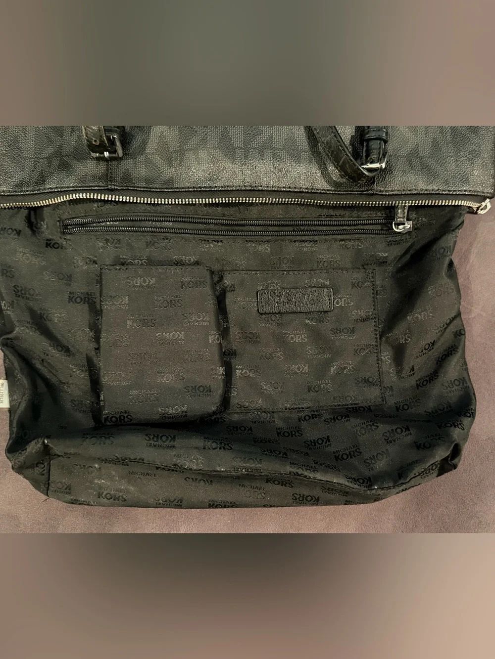 Michael Kors Jet Set Black Signature Tote MK Logo Silver Logo